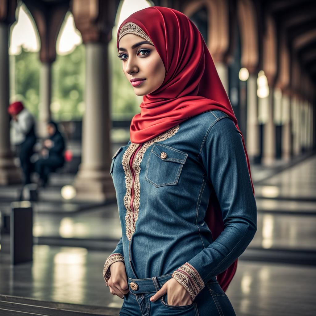 Hijab Girl in Jeans: Hyperrealistic Full Body Portrait