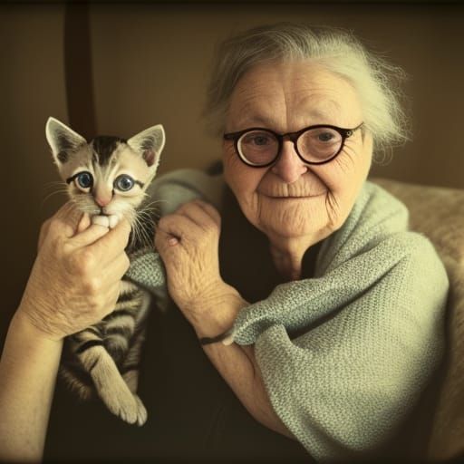 Elderly Woman's Tender Moment with Kitten