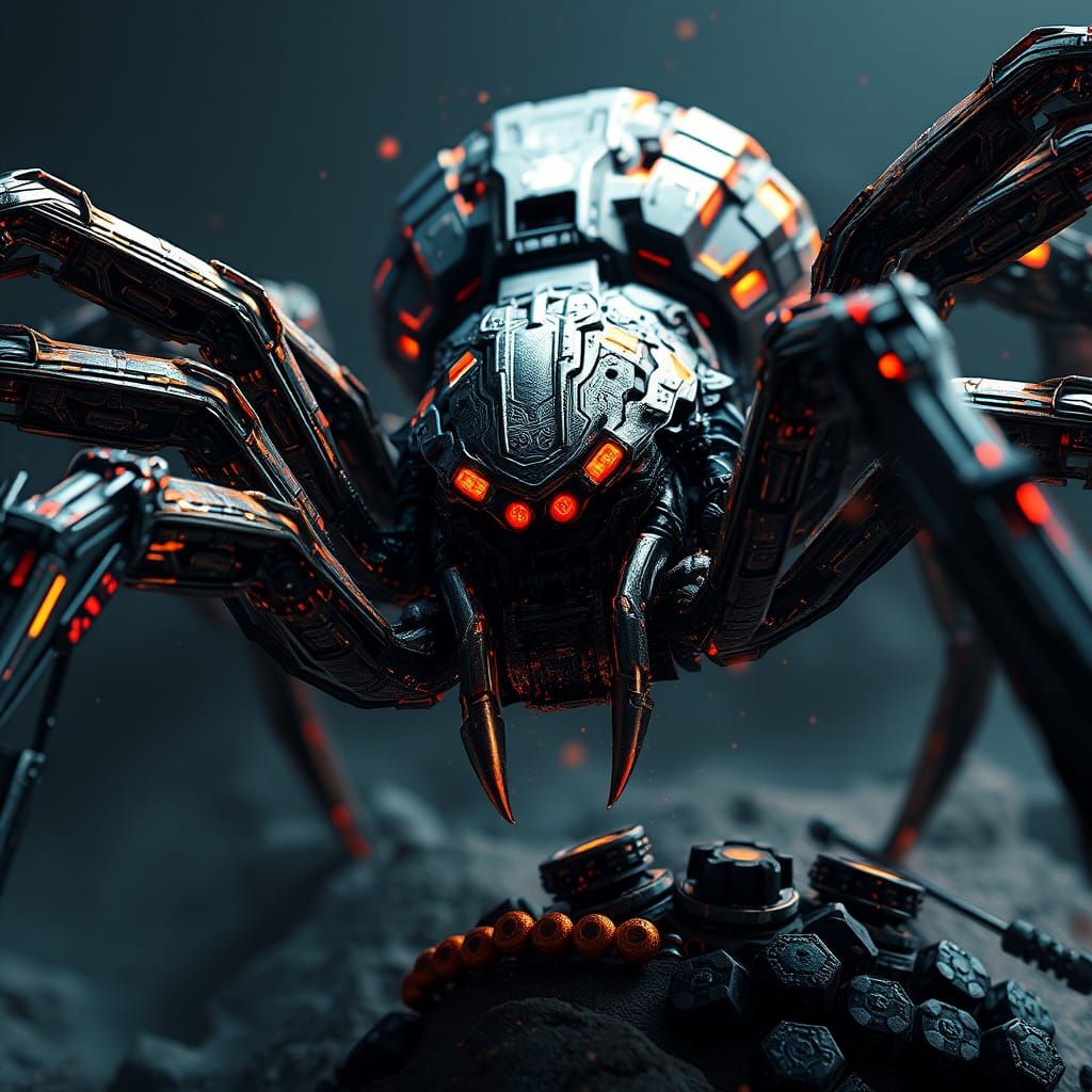 Cyborg Spider in Space: Detailed Matte Painting