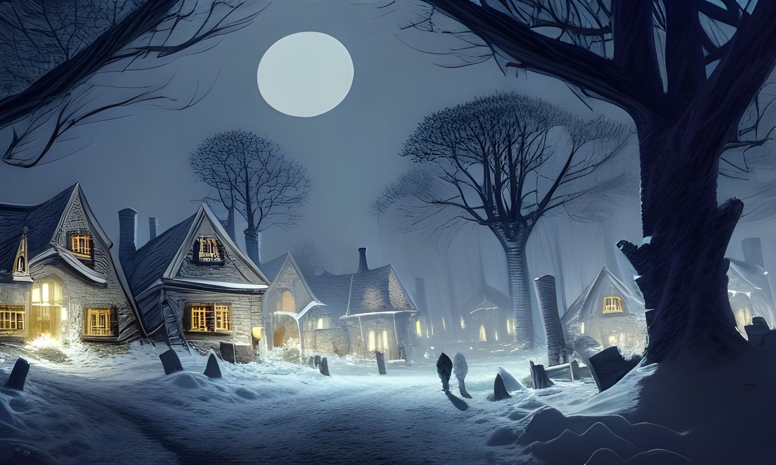 Moonlit Village in Snowy Woods: Digital Concept Art