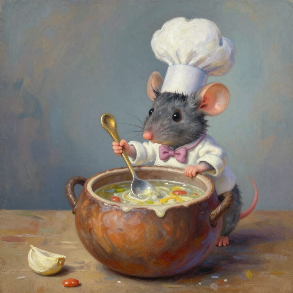 Whimsical Mouse Chef Stirring Soup in Acorn Pot