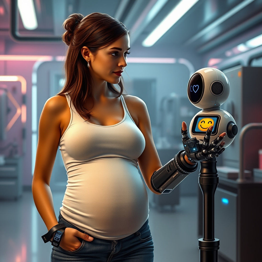 Woman with Cybernetic Hand Talks to Robot in Lab