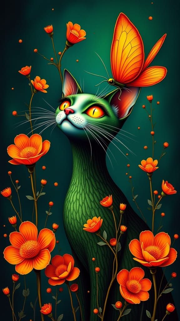 Neon Cat and Butterfly in Digital Art Style