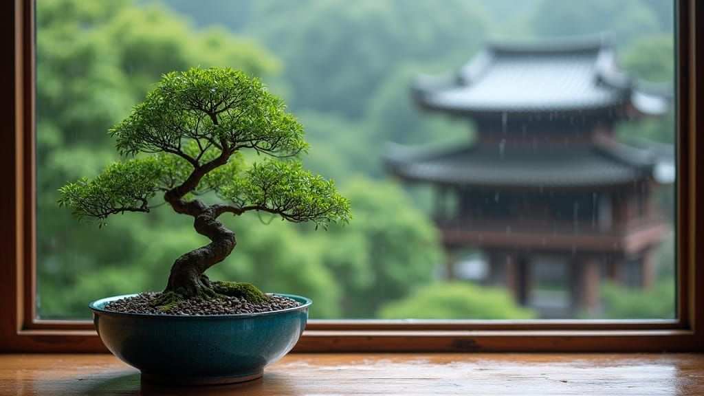 Serene Bonsai Tree in Japanese Landscape
