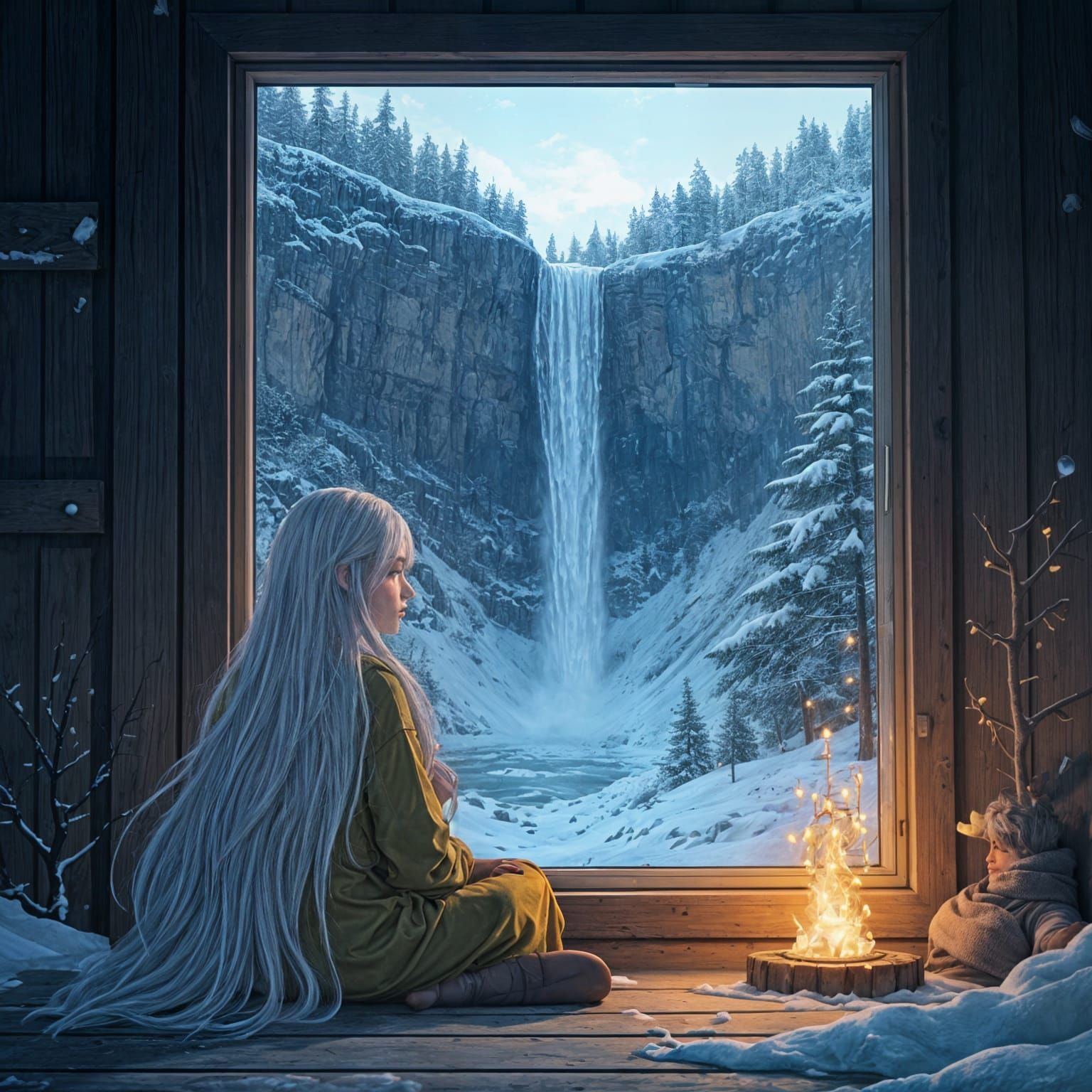 Lofi Girl in Winter Cabin with Frozen Waterfall View