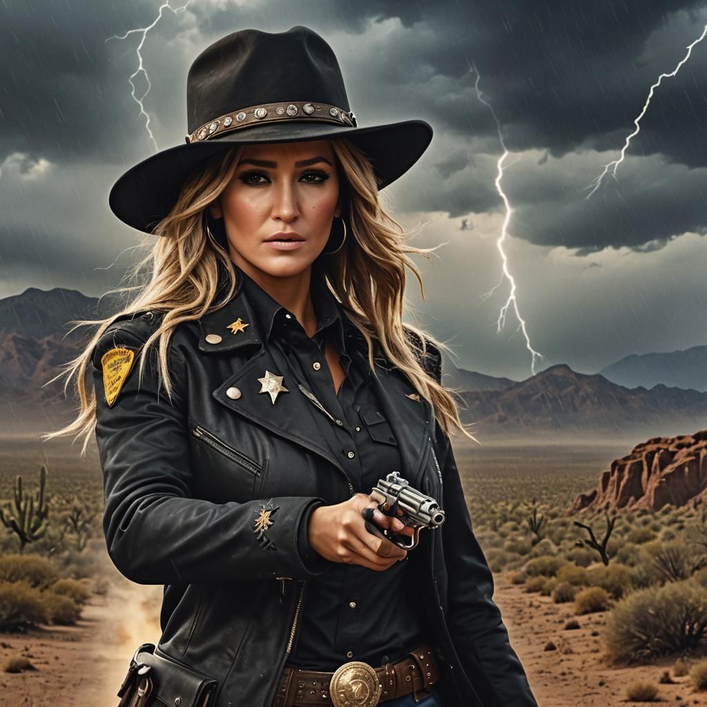 Cowgirl Sheriff in Desert Storm: Cinematic Action Shot