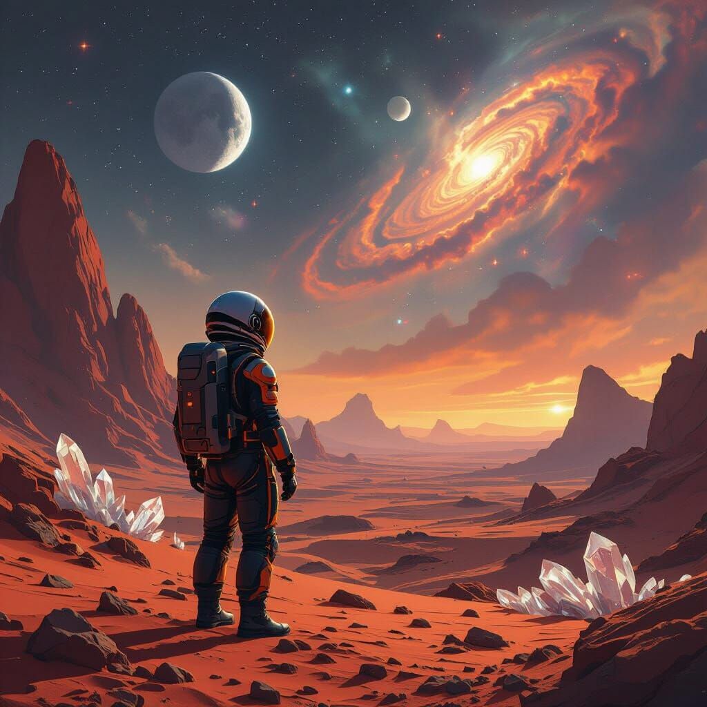 Astronaut on Crimson Planet in Hyperrealistic Style