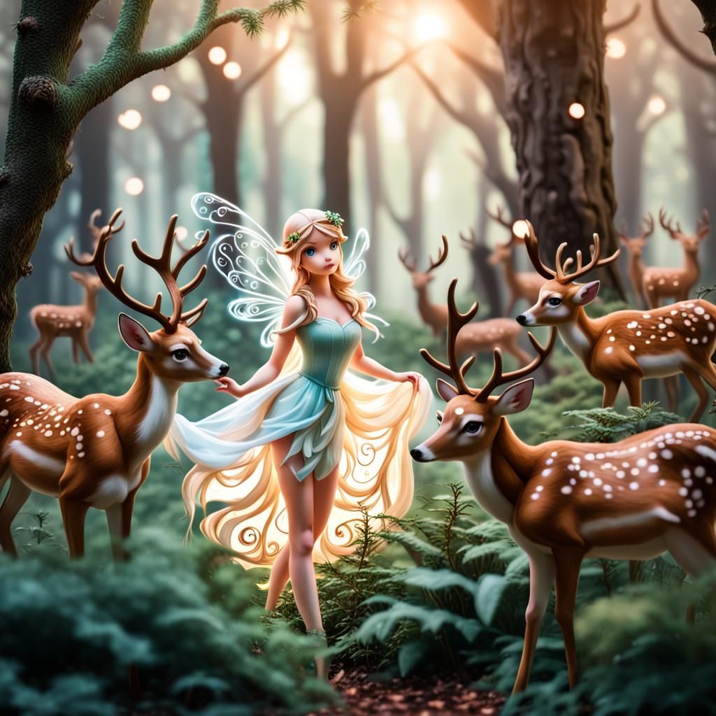 Enchanted Forest Fairy with Deer in Bokeh Lighting