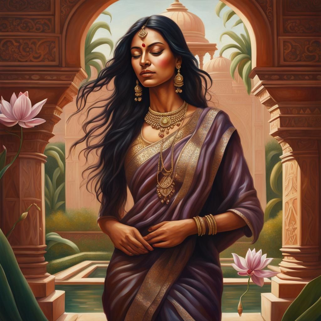 Dreamy Woman in Indian Garden, Oil Painting Style