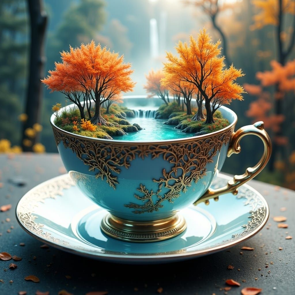Autumn Forest in Ornate Teacup, Digital Illustration