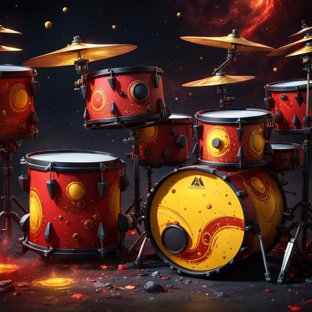 Red and Yellow Cosmic Drums in Matte Painting Style