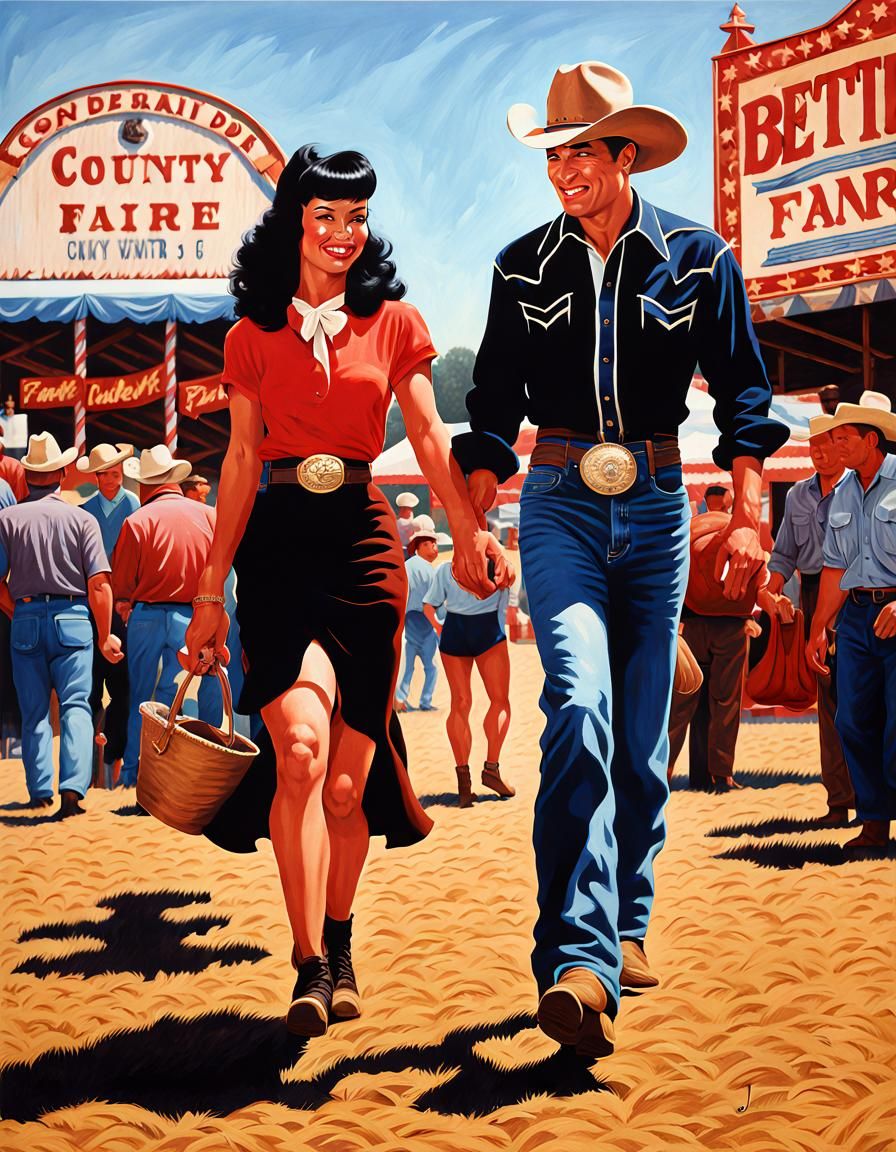Cowboy and Bettie Page at County Fair, Photorealism Style