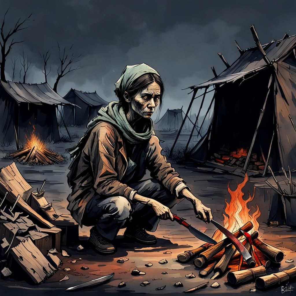 Lonely Survivor in Wastelands: Ink and Watercolor Sketch