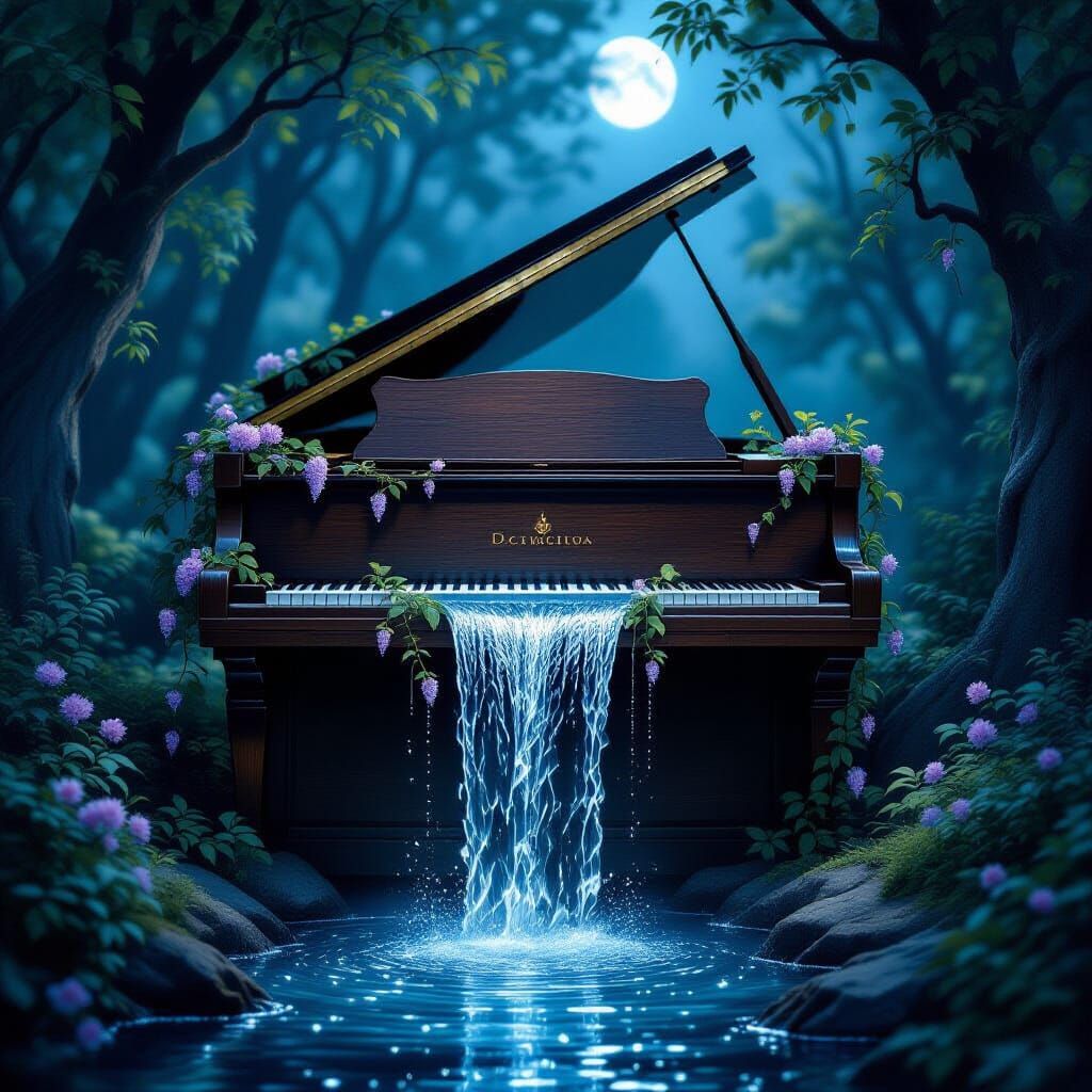 Enchanted Forest Piano Waterfall in Moonlight Oil Painting