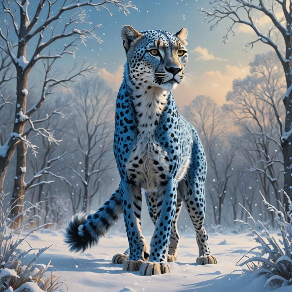 Blue Cheetah in Snowy Landscape, Digital Art