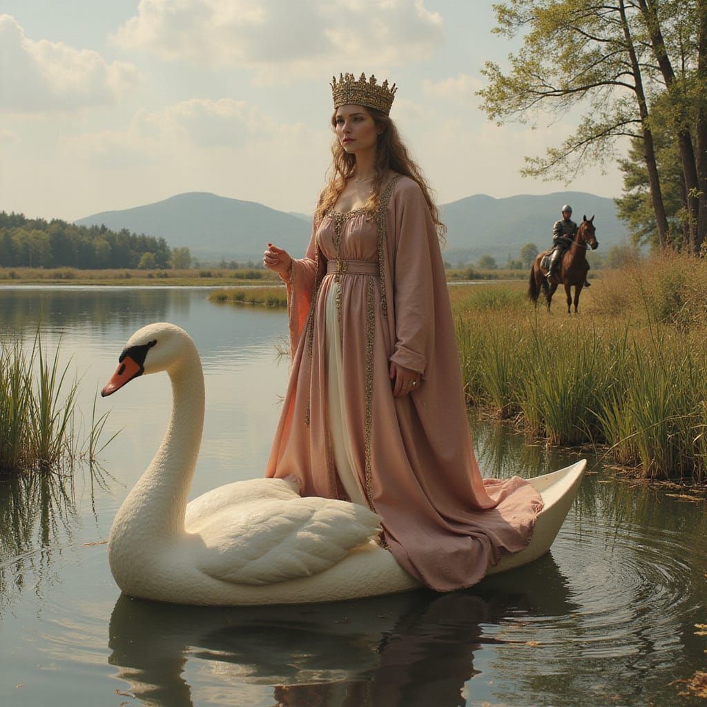 Elegant Woman in a Medieval Swan Boat