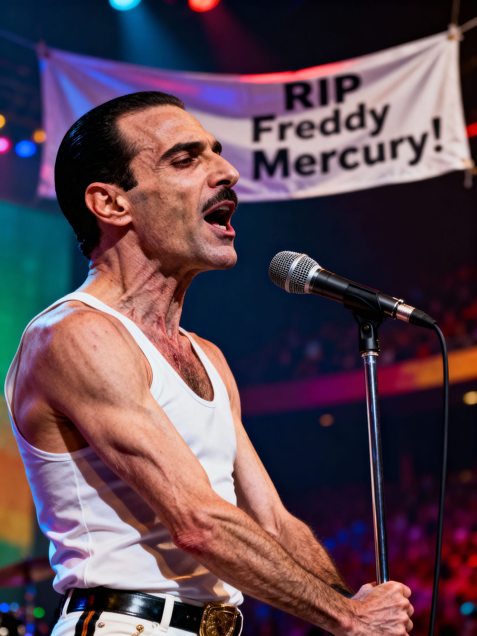 Freddy Mercury's Final Performance in Vibrant Hyperrealism