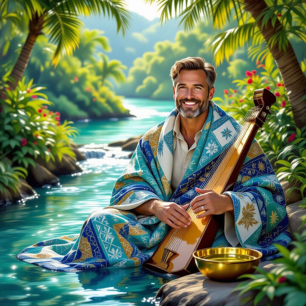 Serene Man in Luxurious Quilt by Tropical Stream