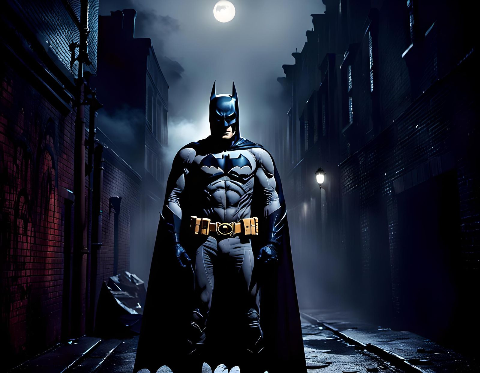 Grimdark Batman in Foggy Alley with Bat Signal