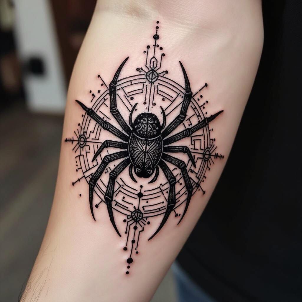 Blackwork Tattoo Design: Cyber Sigil Spider Transformation