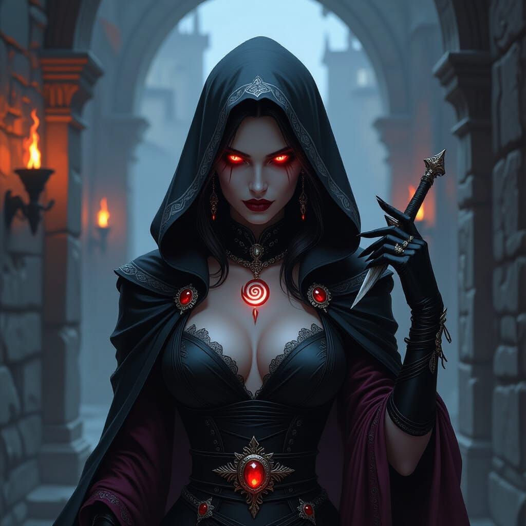 Dark Fantasy Courtesan Inquisitor with Glowing Red Eyes