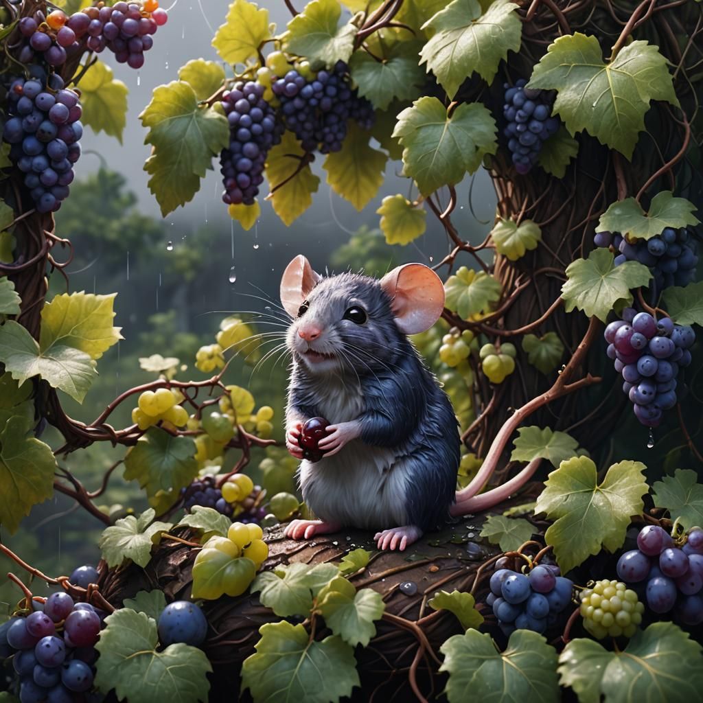 Mouse in Rainy Vineyard: Detailed Fantasy Art
