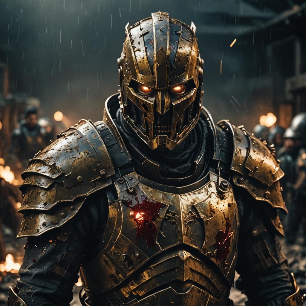 Defiant Knight in Broken Armor with Eyes of Rage