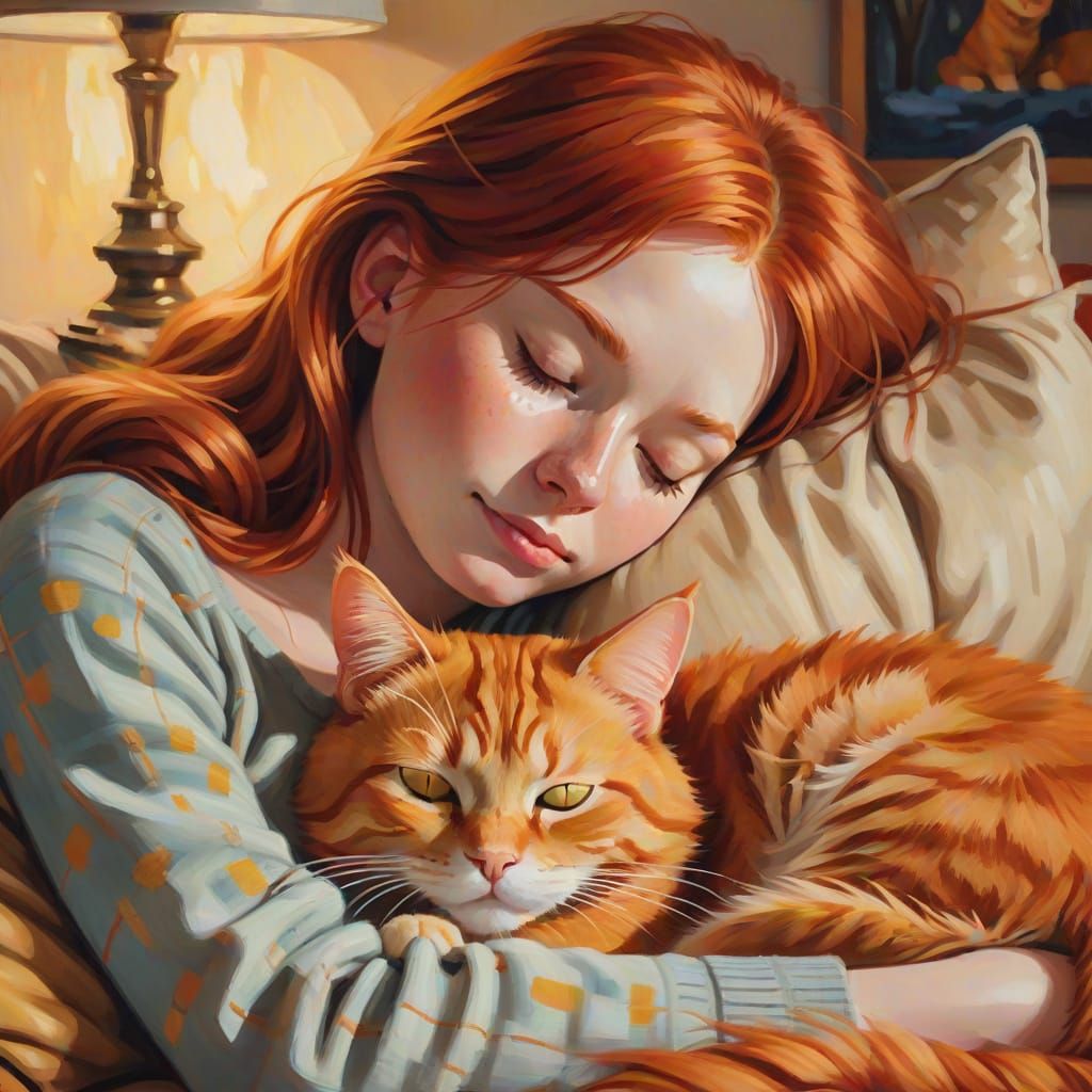 Cozy Oil Painting of Girl Napping With Cat