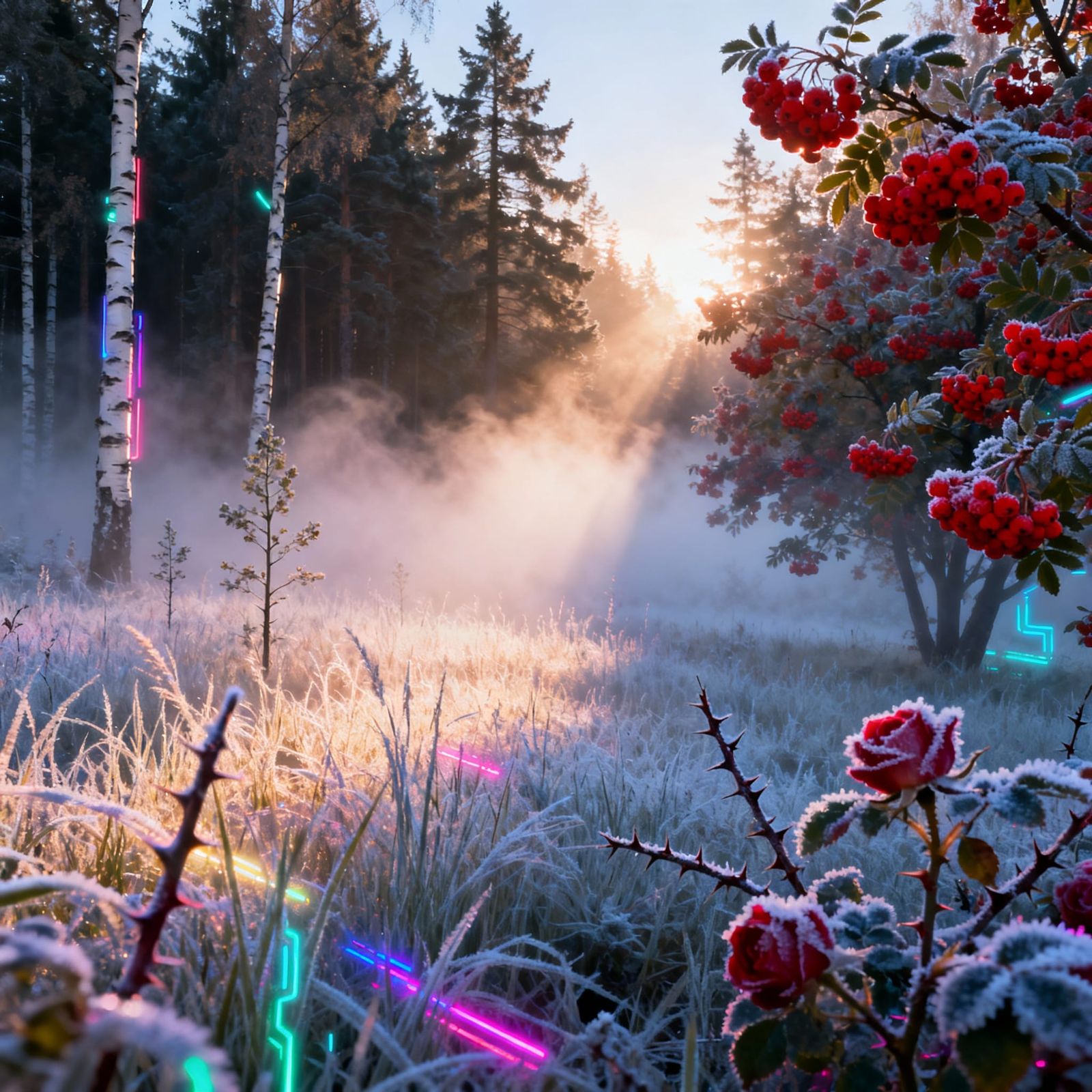 Ethereal Forest Morning with Cybernetic Highlights