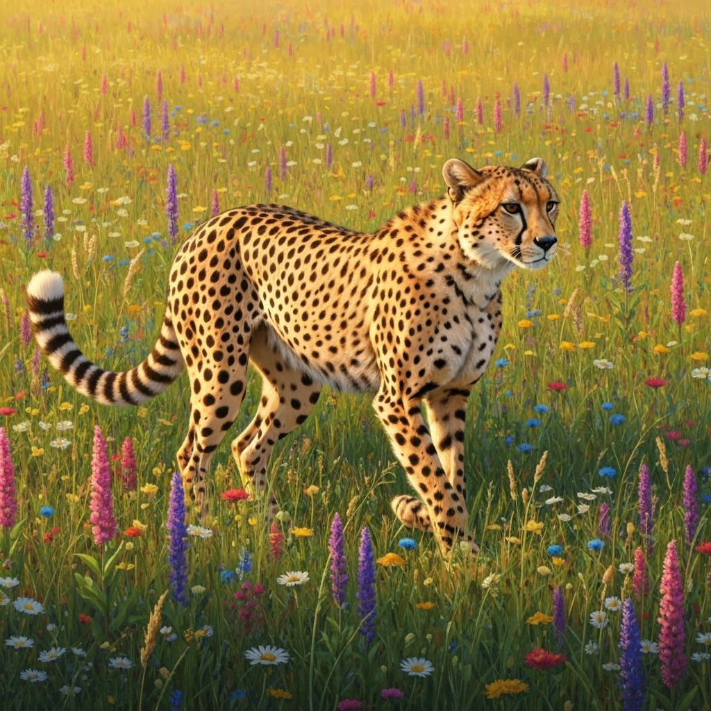 A cheetah wearing a polka dot 1950s dress and a polka dot bow on her head