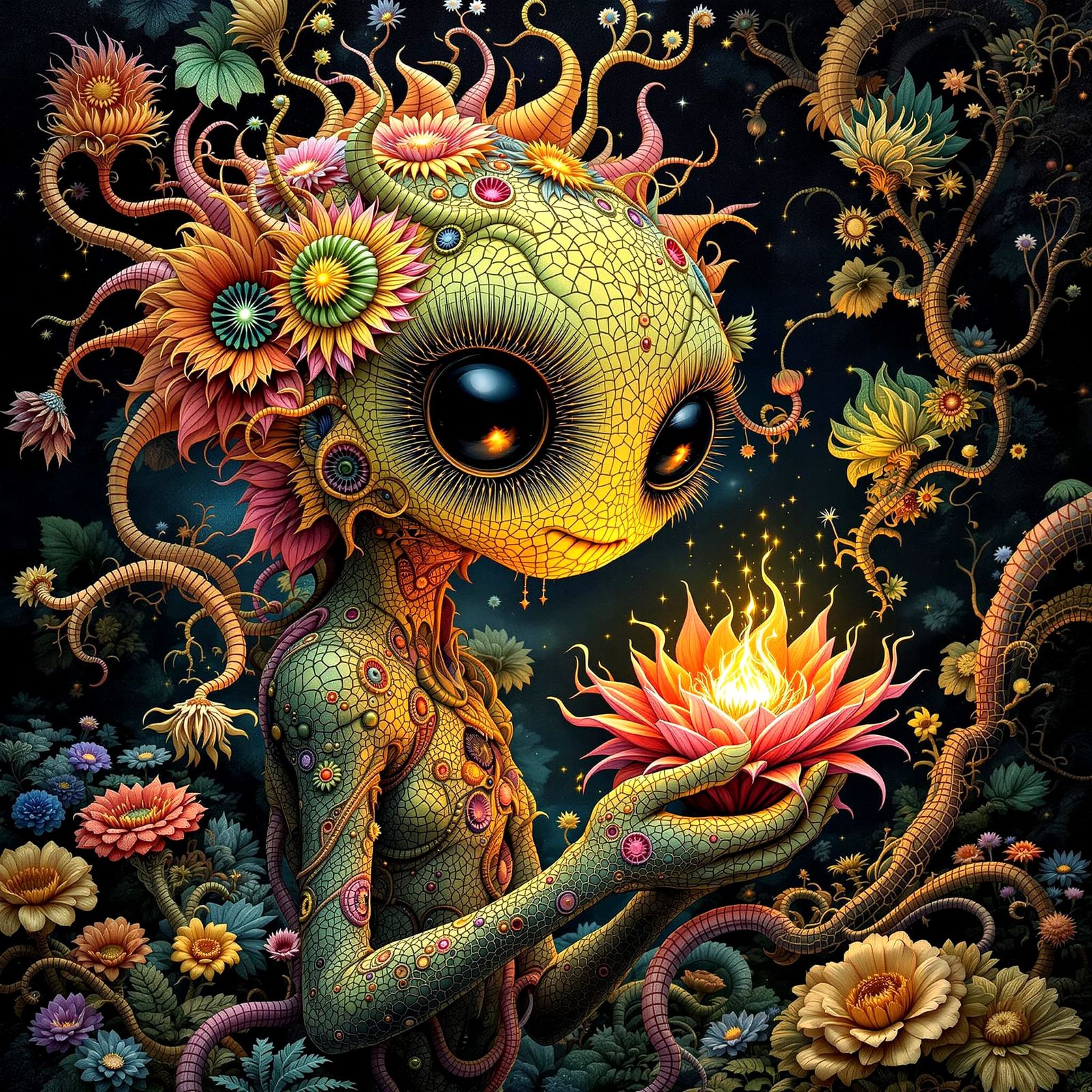 Whimsical Forest Creature Holding Magical Flower