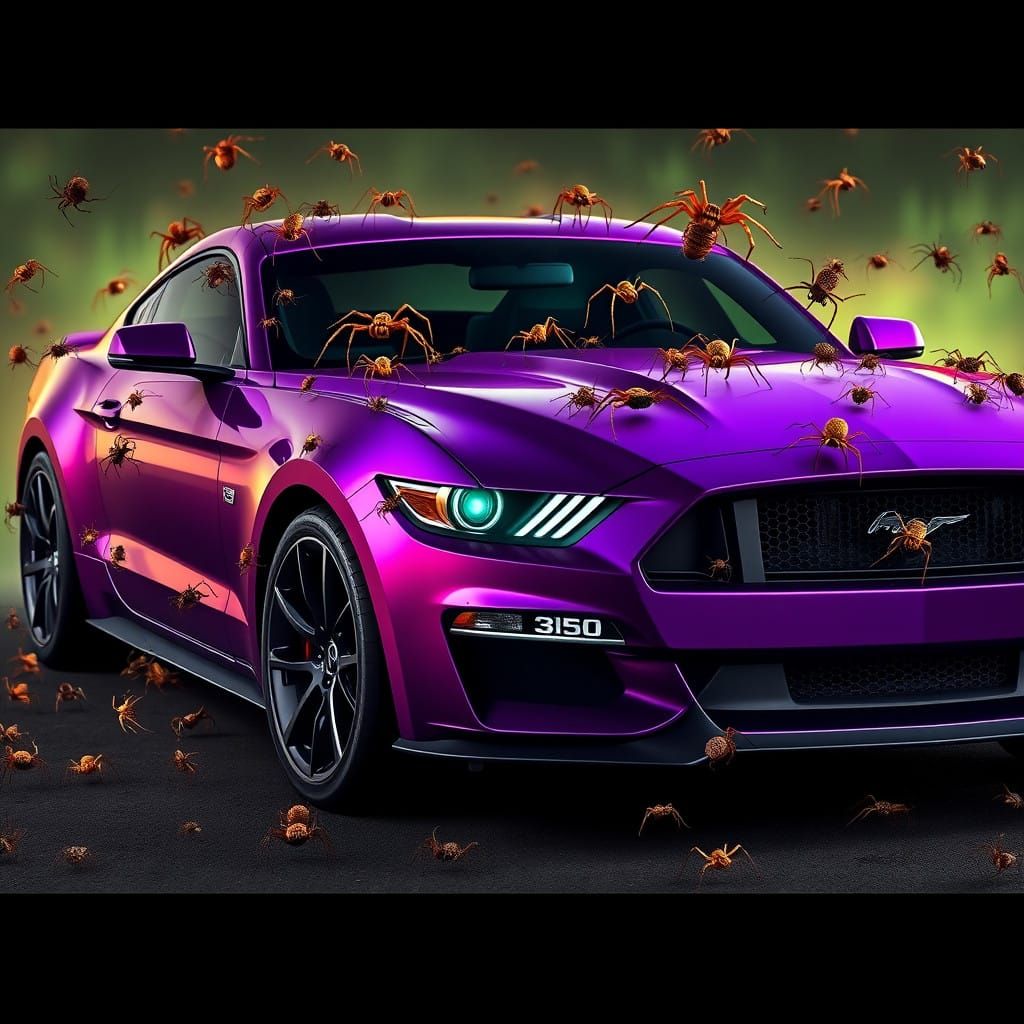 Spiders in Intricate Dance on Vibrant Purple Mustang