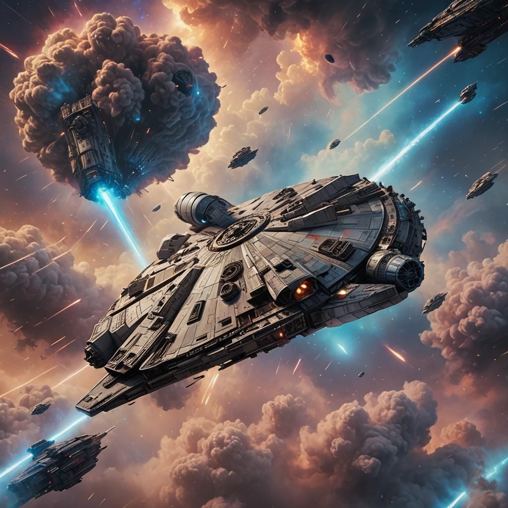 Millennium Falcon Soaring Through Iridescent Nebula