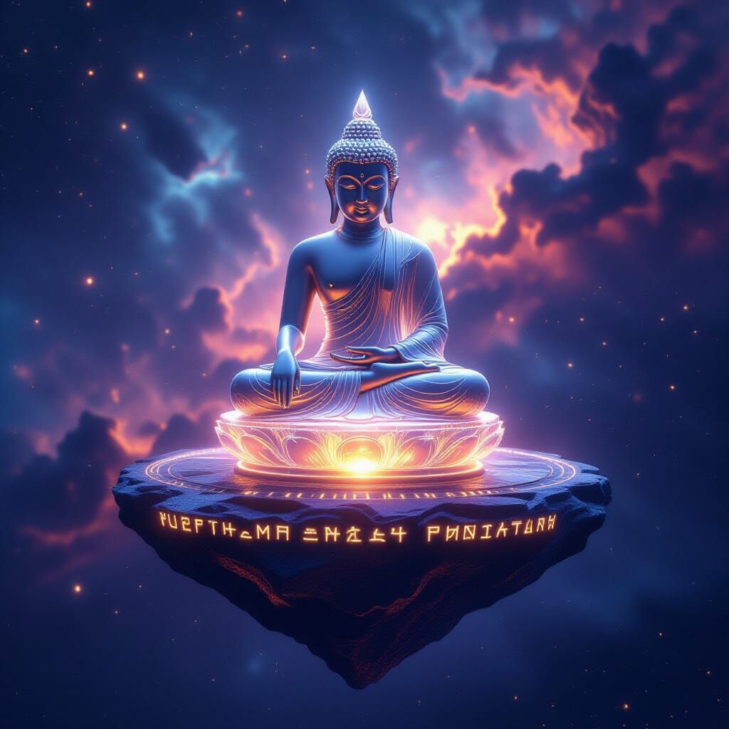 Crystal Buddha on Floating Island in Cosmic Nebula
