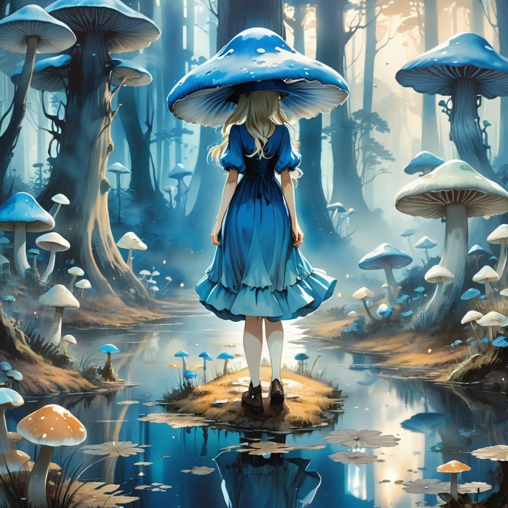 Misty Anime Girl in Enchanted Mushroom Forest