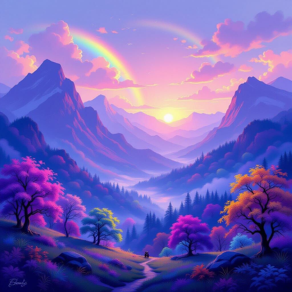 Majestic Purple Mountains at Dawn with Glowing Trees