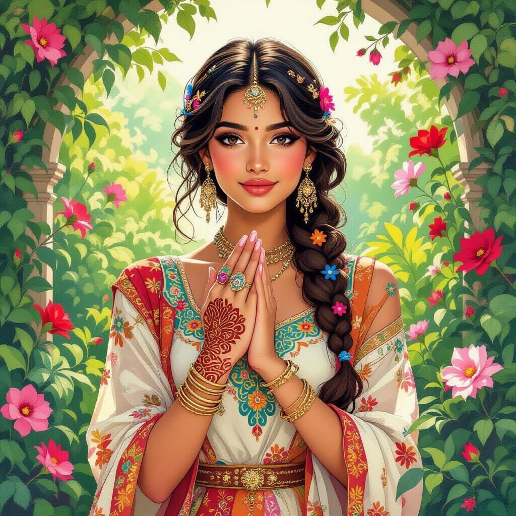 Henna Adorned Woman in Lush Garden, Art Nouveau Style