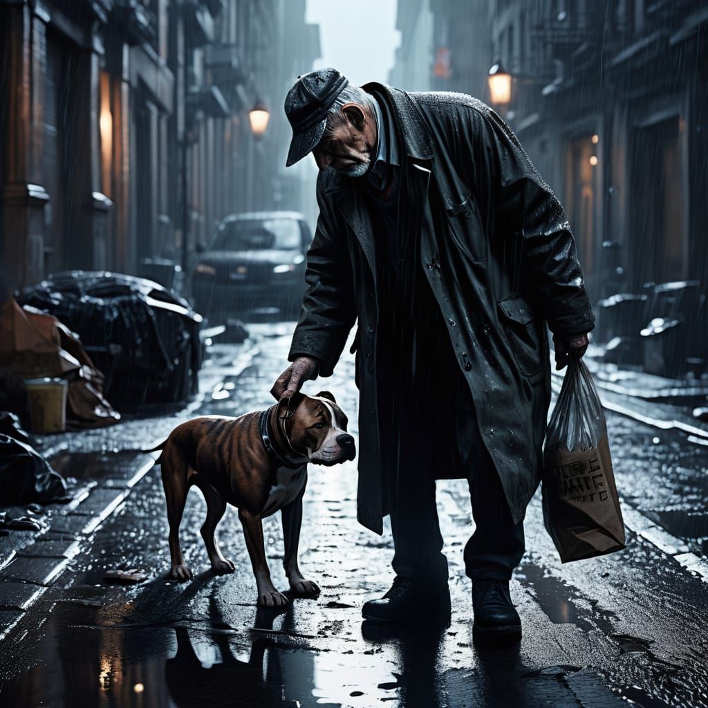 Man Rescues Pitbull in Gritty Urban Alley Concept Art