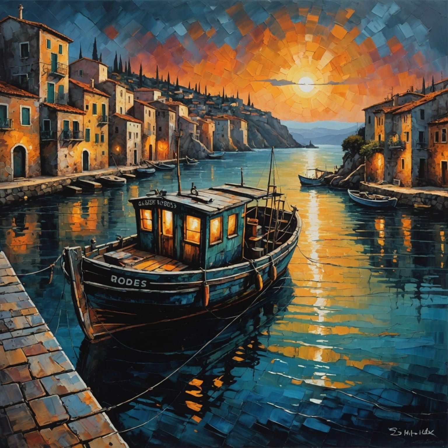 Fishing Boat at Sunrise: Acrylic Painting