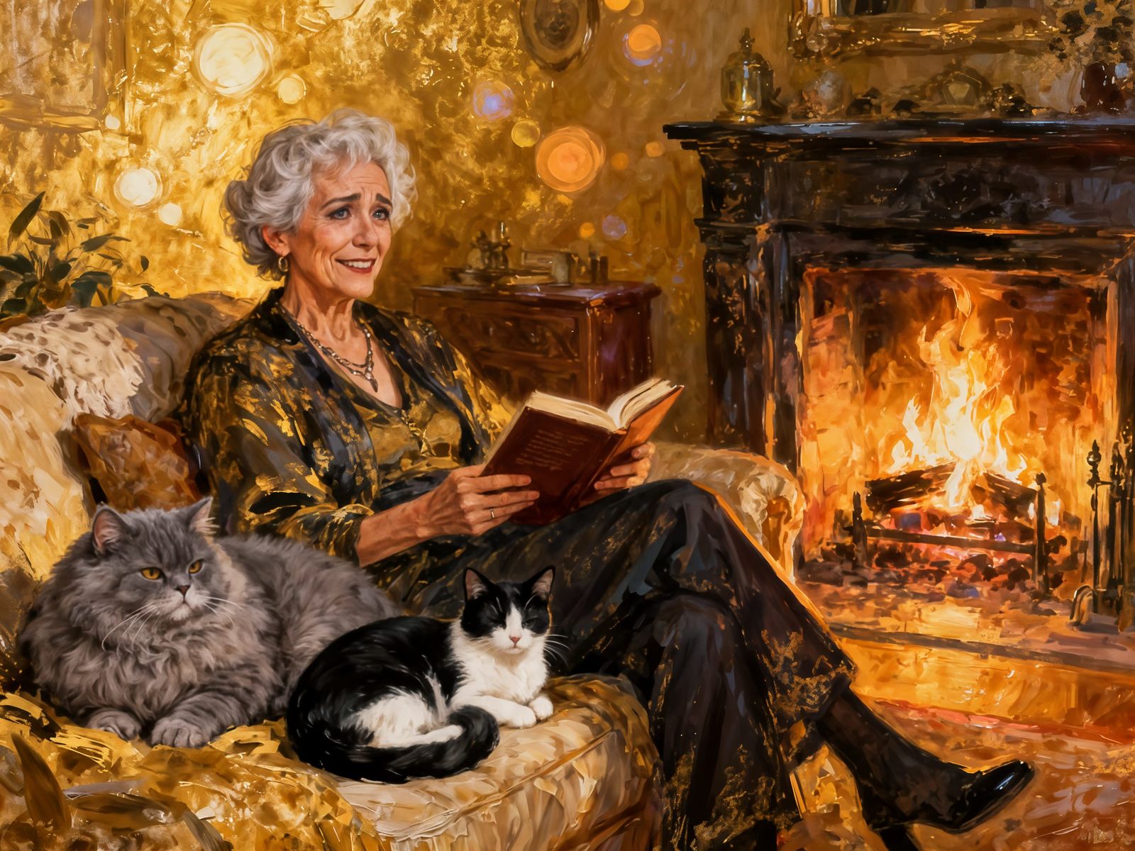 Elderly Transwoman Finds Solace with Cats by Fireplace