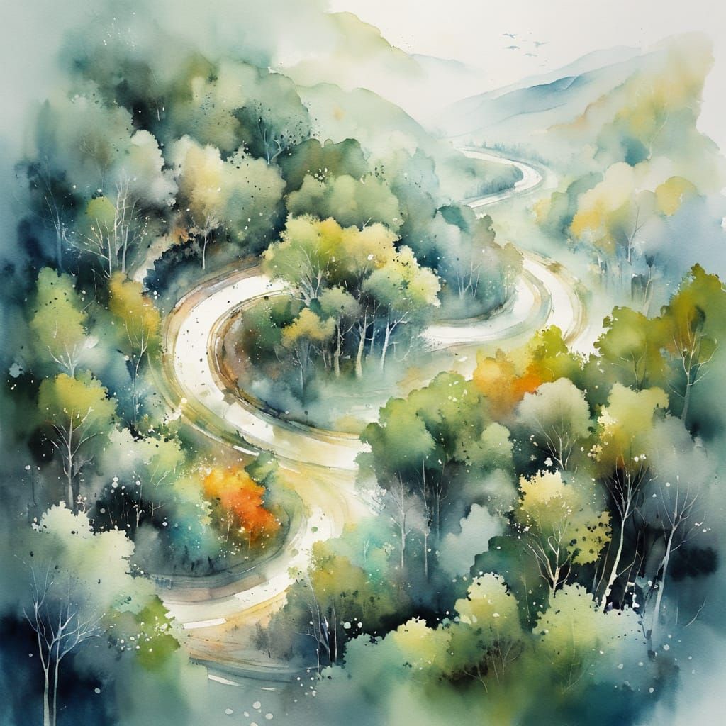 Winding Forest Road Bird's-Eye View in Watercolour Style