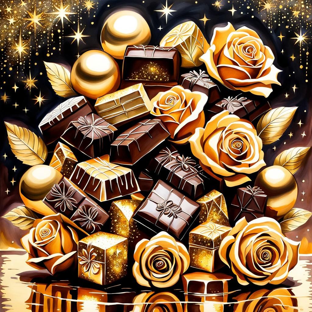 Chocolates and Roses Watercolor Painting with Gold Sparkles