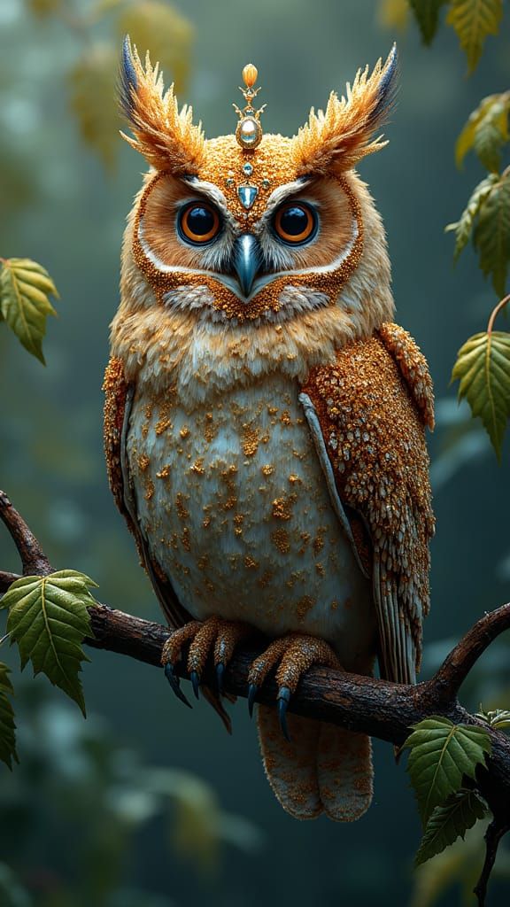 Jeweled Owl on Branch in Klimt-Rousseau Style
