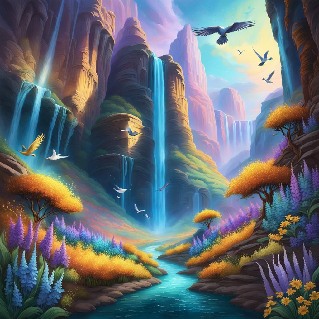 Vibrant Fantasy Canyon Unfolds with Iridescent Light and Wil...