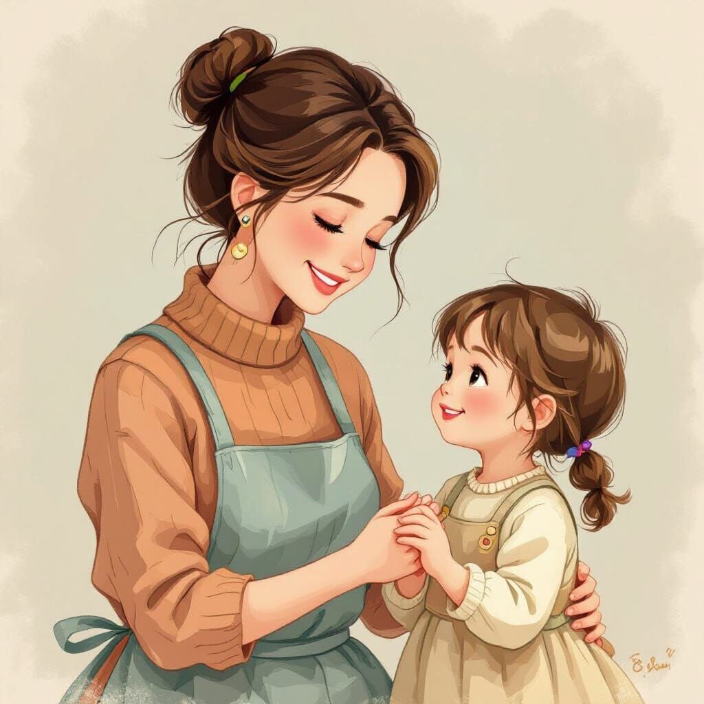 Loving Mother and Daughter in Storybook Style