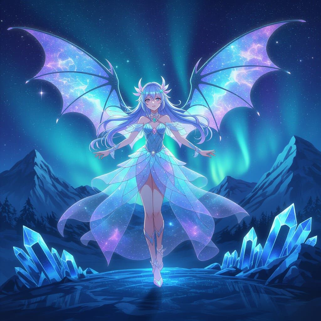 Celestial Anime Dragon Girl Dancing Under Aurora