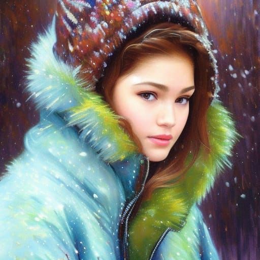 Girl in Winter Gear in Montana: Pointillism Style