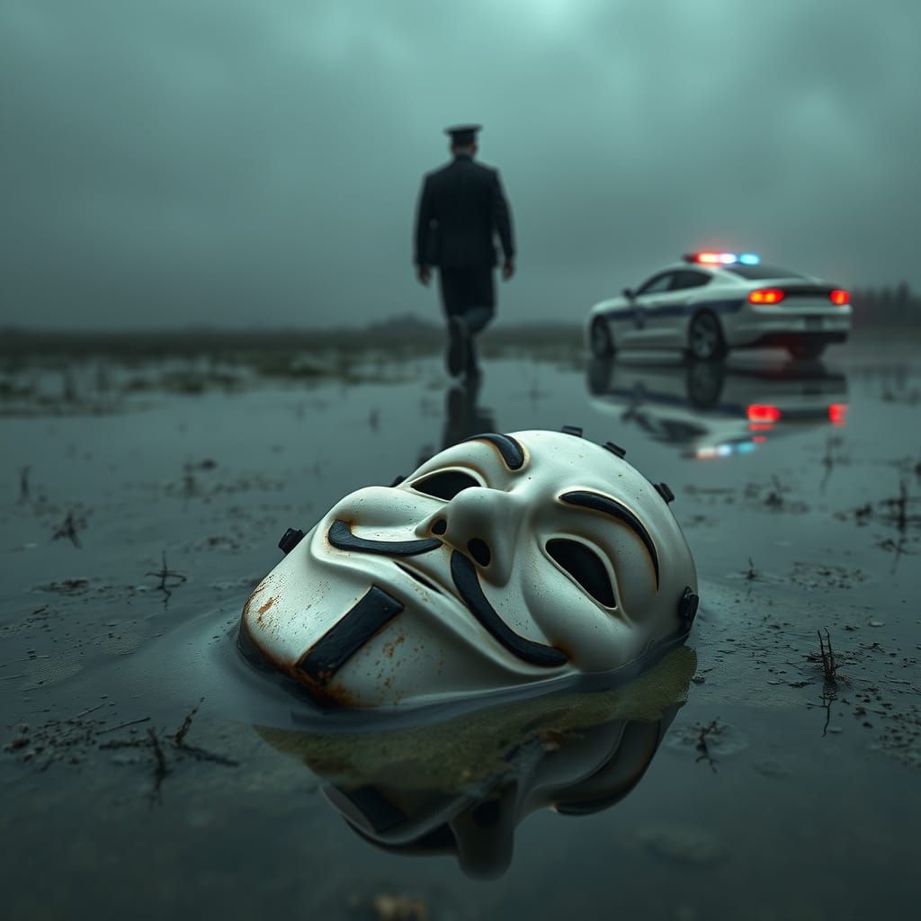Abandoned Guy Fawkes Mask in a Desolate Marshy Expanse