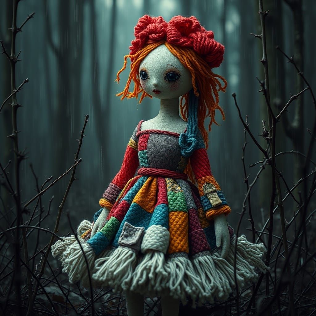 Surreal Yarn Doll in Rainy Forest with Pins