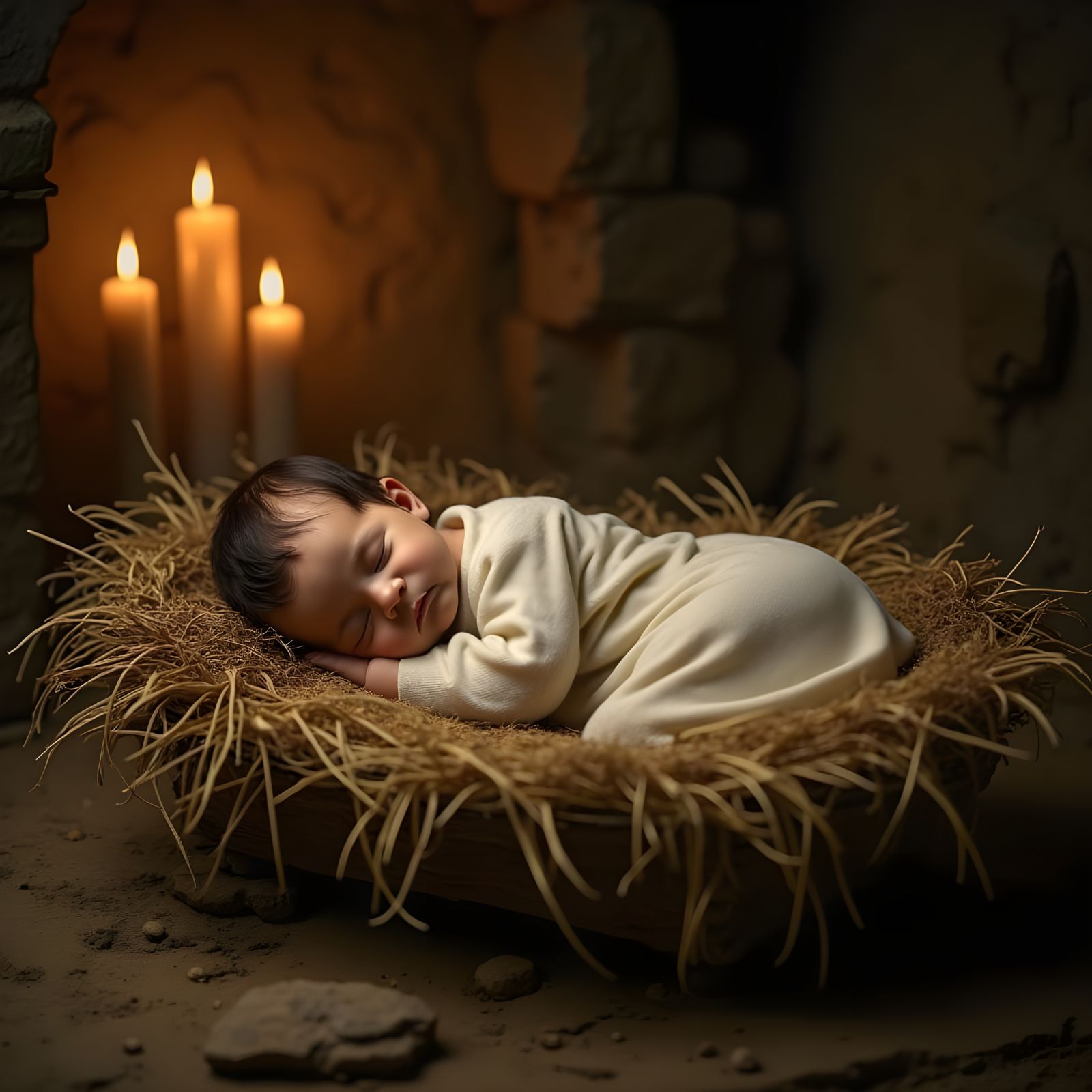 Serene Christ Child in Golden-Hued Manger